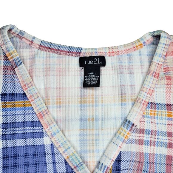 Rue21 Plaid Crop Top Pastel Button Up Short Sleeve Blue Pink White Orange Small - Picture 4 of 7